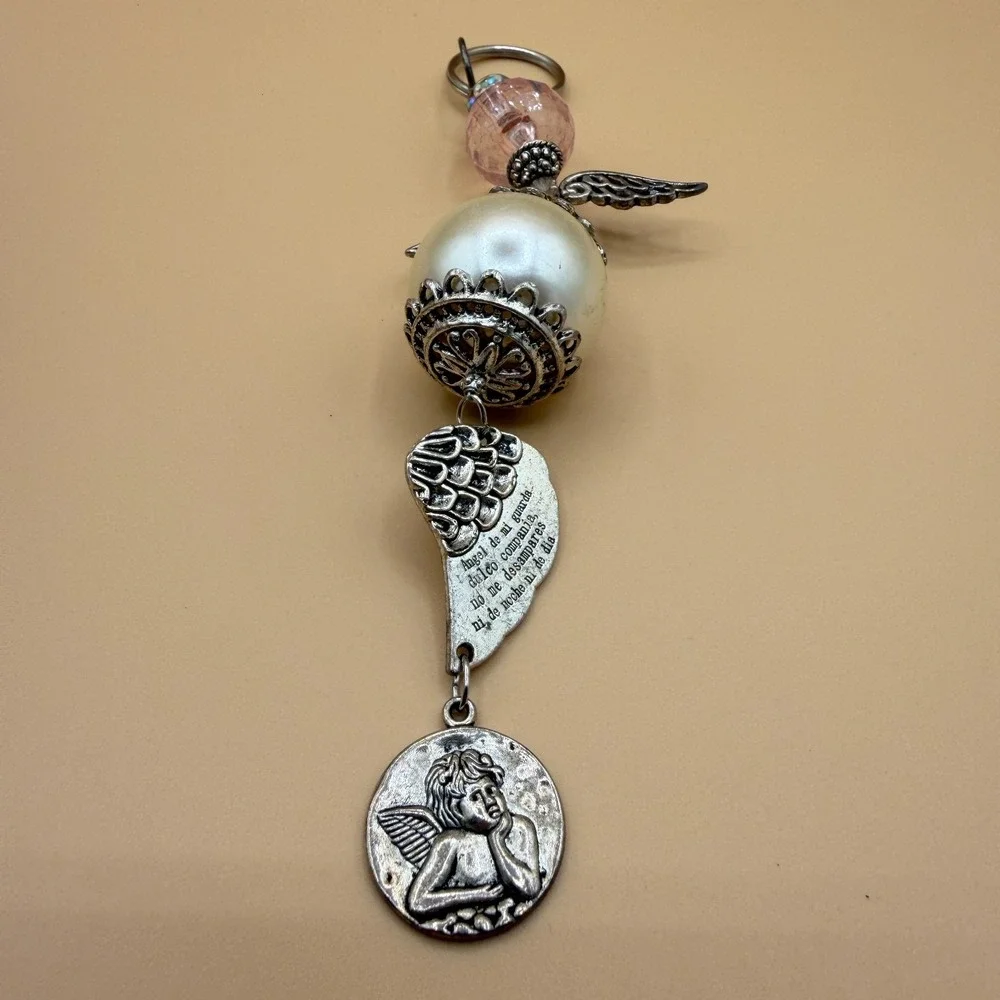 Guardian Angel Keychain Pearl Pink Bead Cherub Wing Charm Religious Prayer Gift